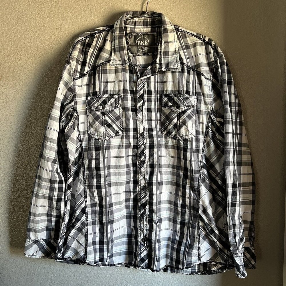 Men’s BKE Relaxed Fit Long Sleeve Button Up Shirt White & Grey Plaid Size XXL